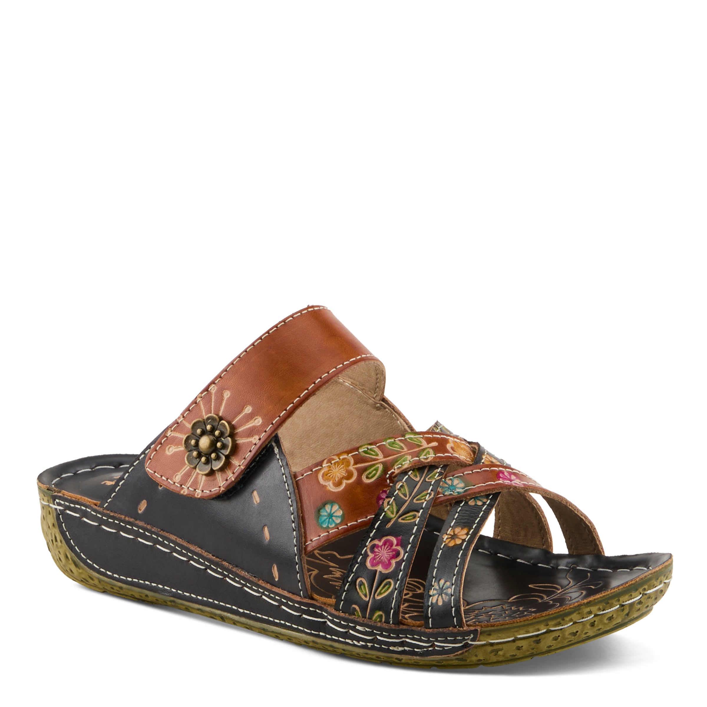 L'Artiste L'ARTISTE LEIGH SLIDE SANDAL sandal in navy multi with handcrafted leather design