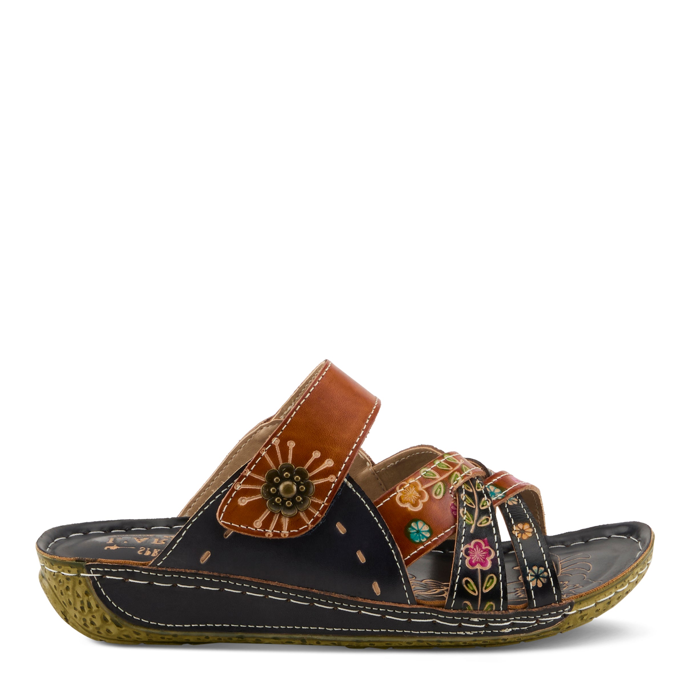 L'Artiste L'ARTISTE LEIGH SLIDE SANDAL sandal in navy multi with handcrafted leather design